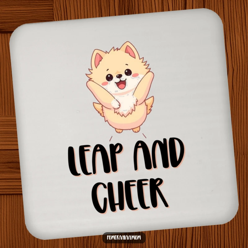 Funny Kawaii Pomeranian Coaster: Cute dog in a dynamic leap, a humorous and energetic accessory to protect surfaces.