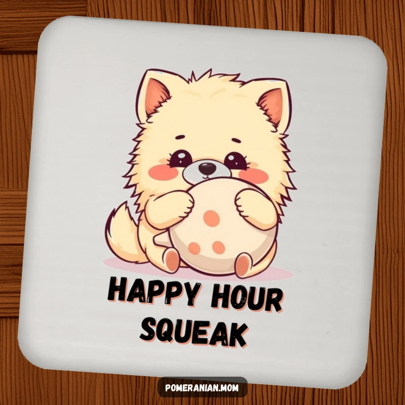 Funny Kawaii Pomeranian Coaster: A cute dog hugs a comically large squeaky toy with pure delight, a humorous table accessory.