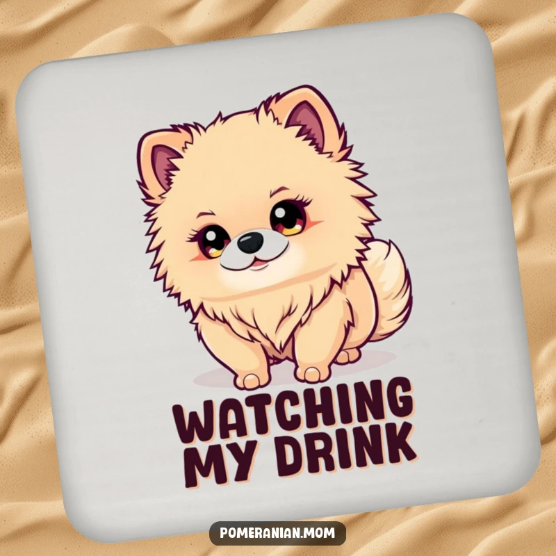 Funny Kawaii Pomeranian Coaster: A cute dog with bright eyes intently watches its wagging tail, a humorous table accessory.