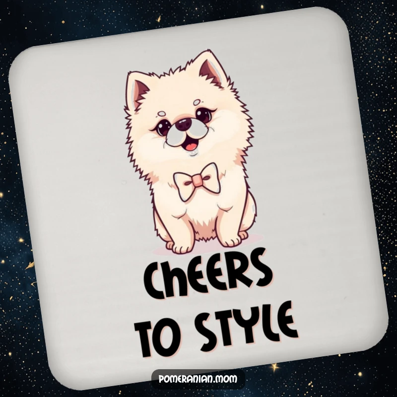 Funny Kawaii Pomeranian drink coaster, featuring a proud dog with a bowtie, stylish and protective.