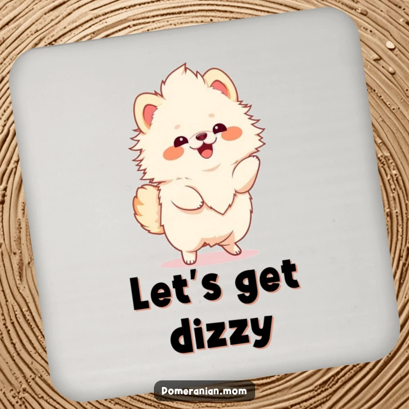 Funny Kawaii Pomeranian drink coaster, featuring a fluffy dog joyfully twirling, adds charm and protects surfaces.
