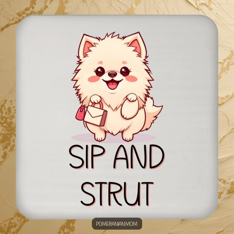 Funny Kawaii Pomeranian Coaster: A cute dog with a happy wiggle carries a miniature handbag, a humorous and chic table accessory.