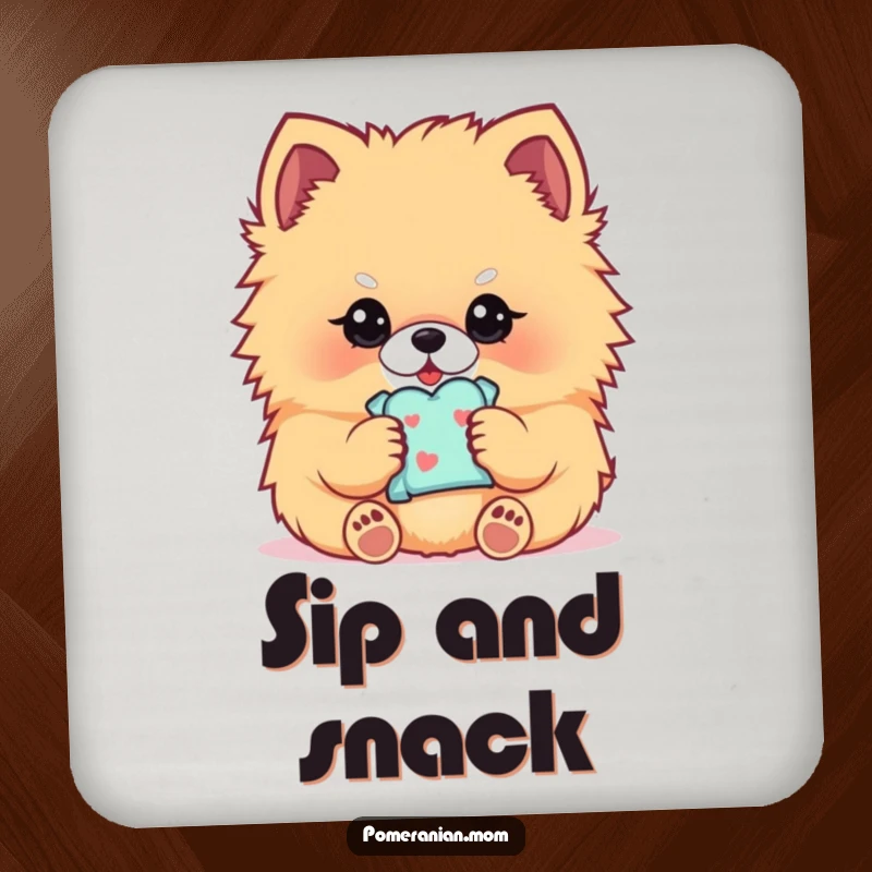 Funny Kawaii Pomeranian drink coaster, featuring a fluffy dog holding a treat, sweet and protective.