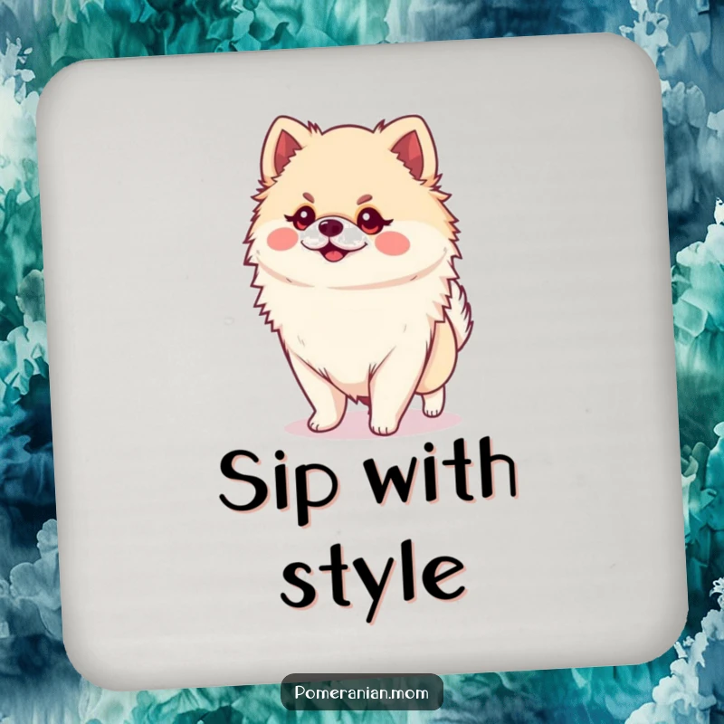 Funny Kawaii Pomeranian Coaster: A small, cute dog confidently strutting with a massive personality, offering funny protection.