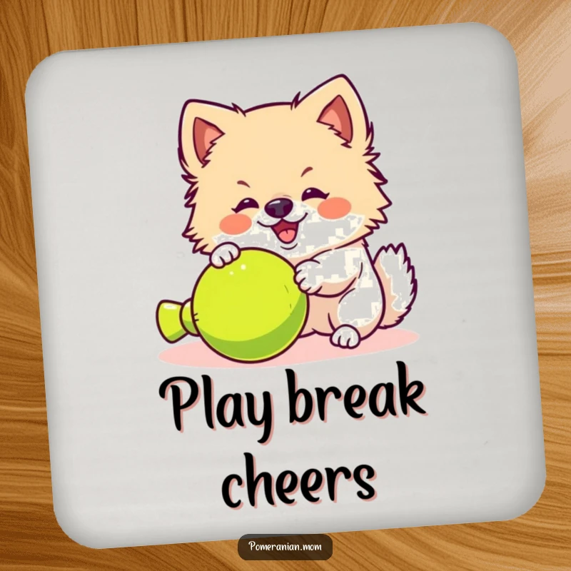 Funny kawaii Pomeranian coaster, showing a fluffy dog yipping excitedly at a toy. Protects furniture with playful humor.