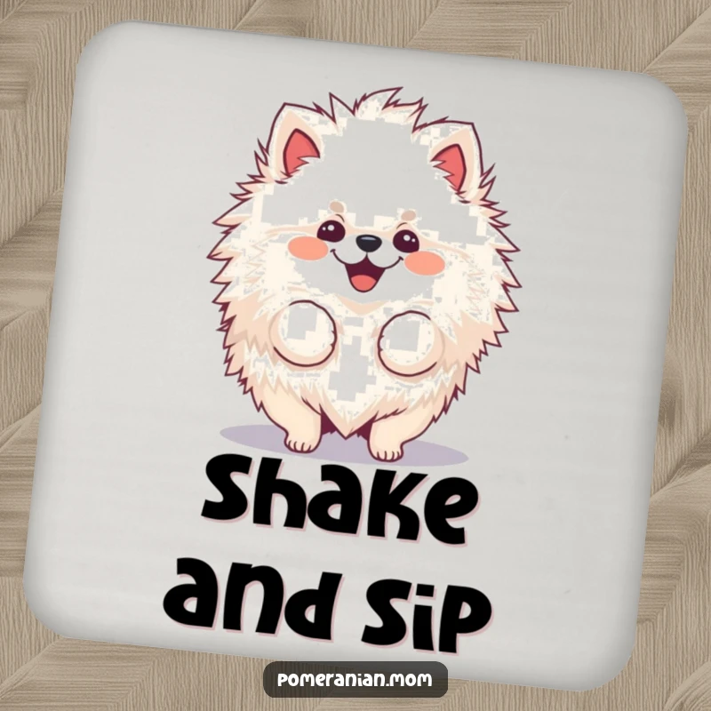 Funny, fluffy Pomeranian coasters joyfully shaking its voluminous fur.