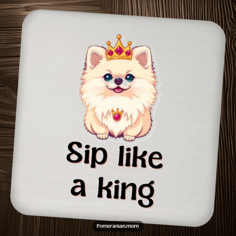 Funny Pomeranian drink coasters displaying a small dog wearing a miniature crown, exuding adorable royal charm and a dignified aura.