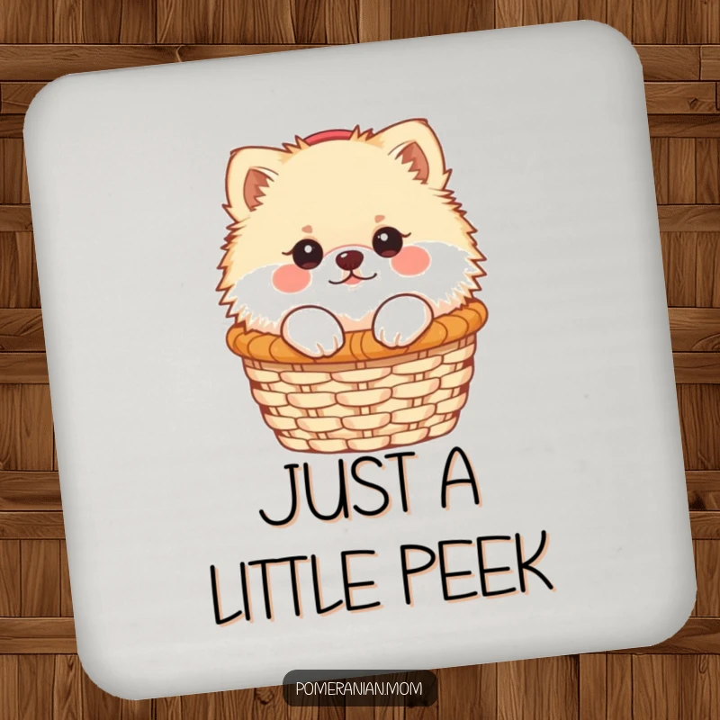 Funny Kawaii Pomeranian peeking from a small basket on a drink coaster, adding a cute and humorous element.