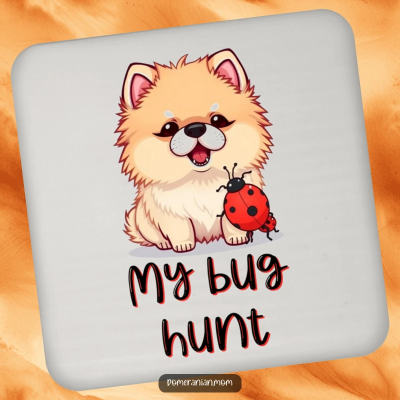 Funny drink coasters with a kawaii Pomeranian bravely barking at a tiny ladybug, adding a humorous touch to your table.