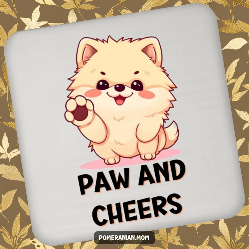 Funny Kawaii Pomeranian Coaster: Cheerful dog offering a paw for a handshake, a humorous and friendly accessory to protect surfaces.