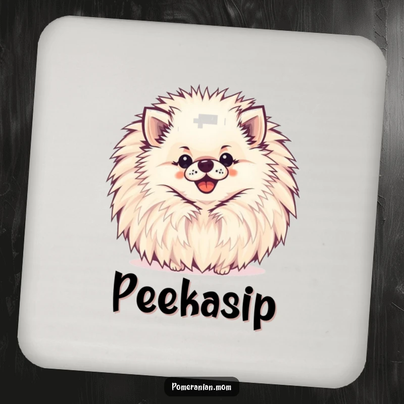 Funny Pomeranian Coaster showing a happy Pomeranian peeking out from behind a large, cheerful pompom.