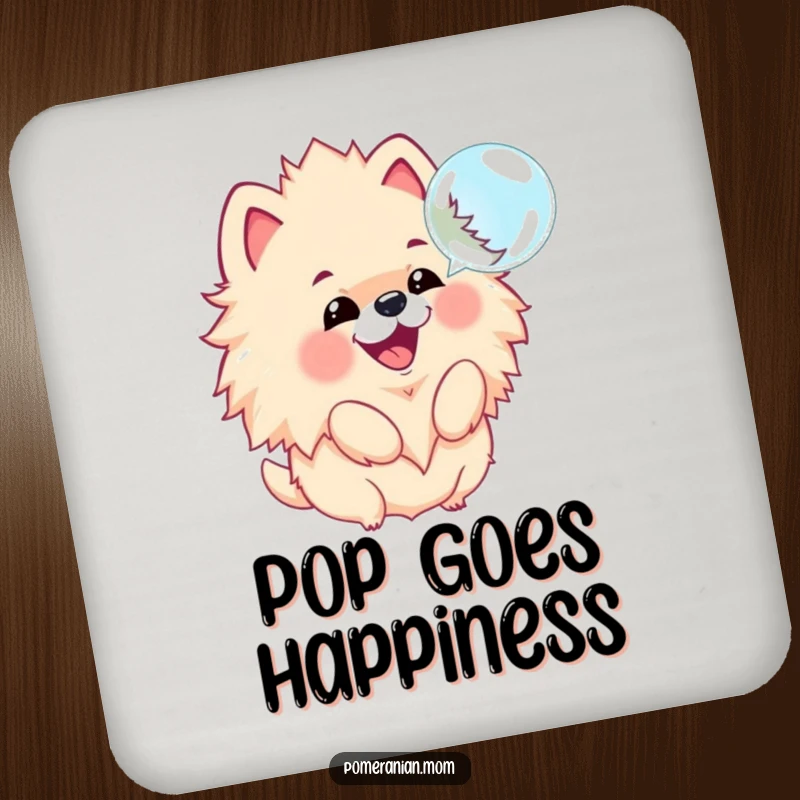 Funny drink coaster showcasing a kawaii Pomeranian joyfully barking at a floating bubble, protecting surfaces in style.