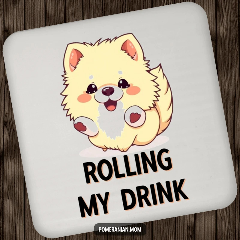Funny Kawaii Pomeranian Coasters: A fluffy dog rolling with pure delight, adding cheer to drink protection.