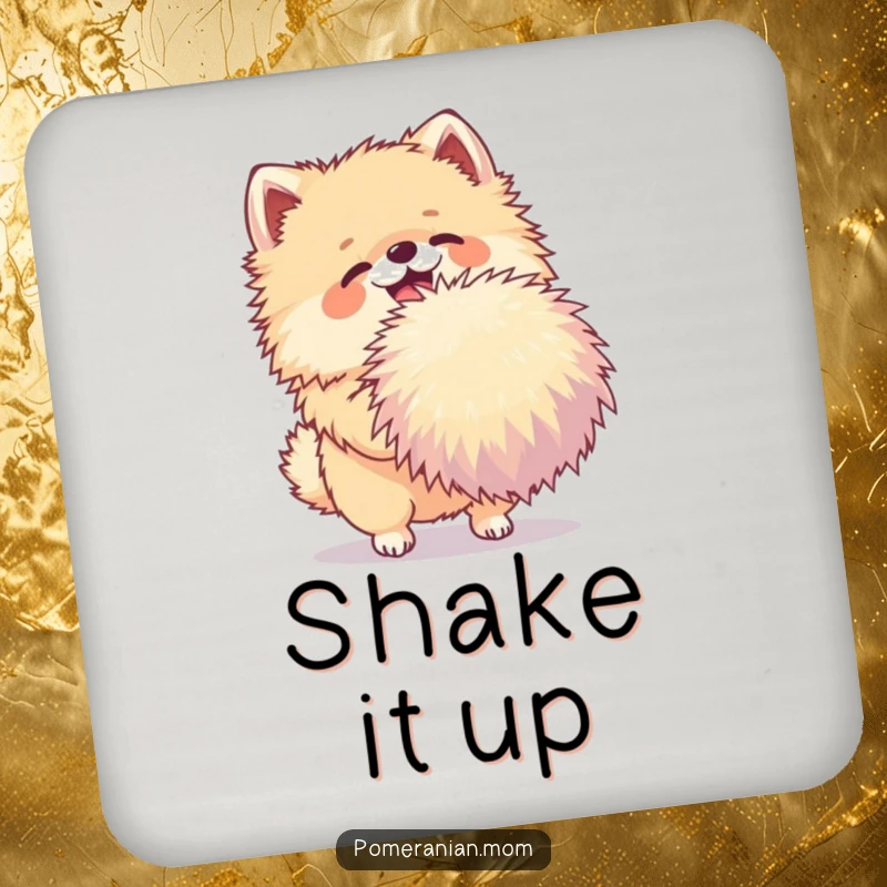 Funny Pomeranian drink coasters showing a joyful dog shaking a very large pom-pom, protecting surfaces with playful artwork.
