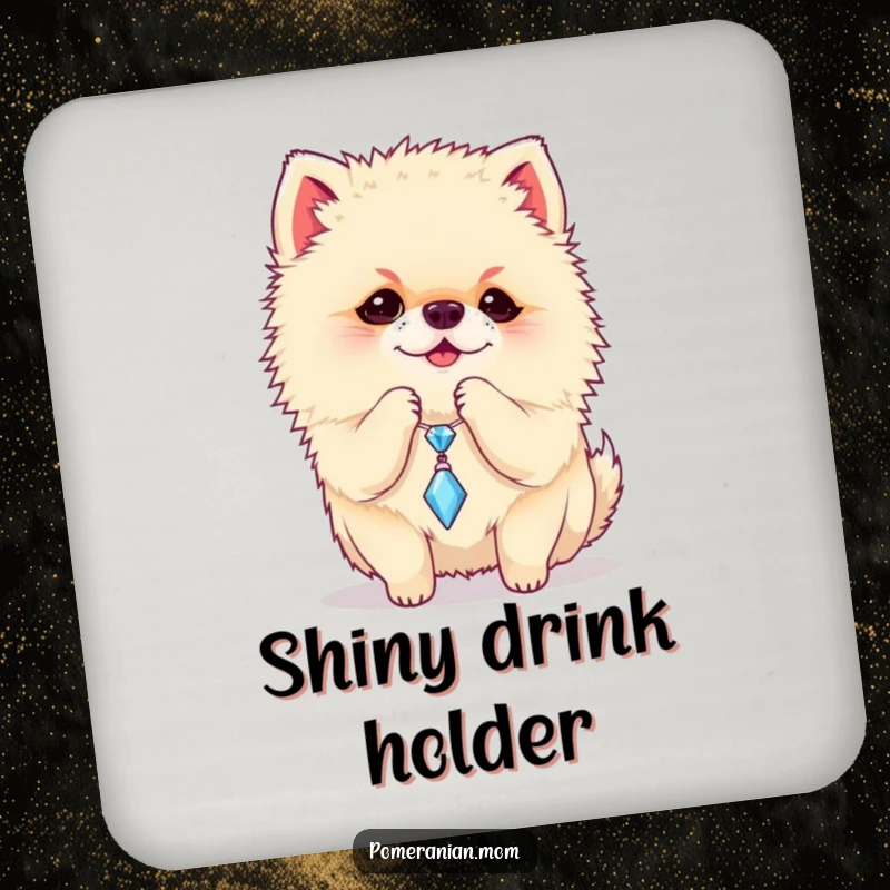 Funny Pomeranian coasters showing a playful dog batting at a dangling sparkly charm, a cute and humorous set.