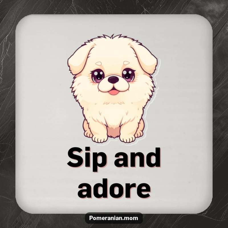 Funny dog drink coasters showing a fluffy dog with big, sparkling eyes, protecting surfaces with adorable artwork.