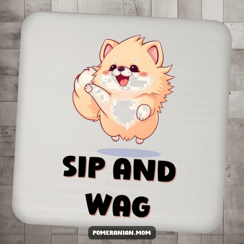Funny Kawaii Pomeranian in a dynamic jump, adding a touch of playful energy to your drink coasters.