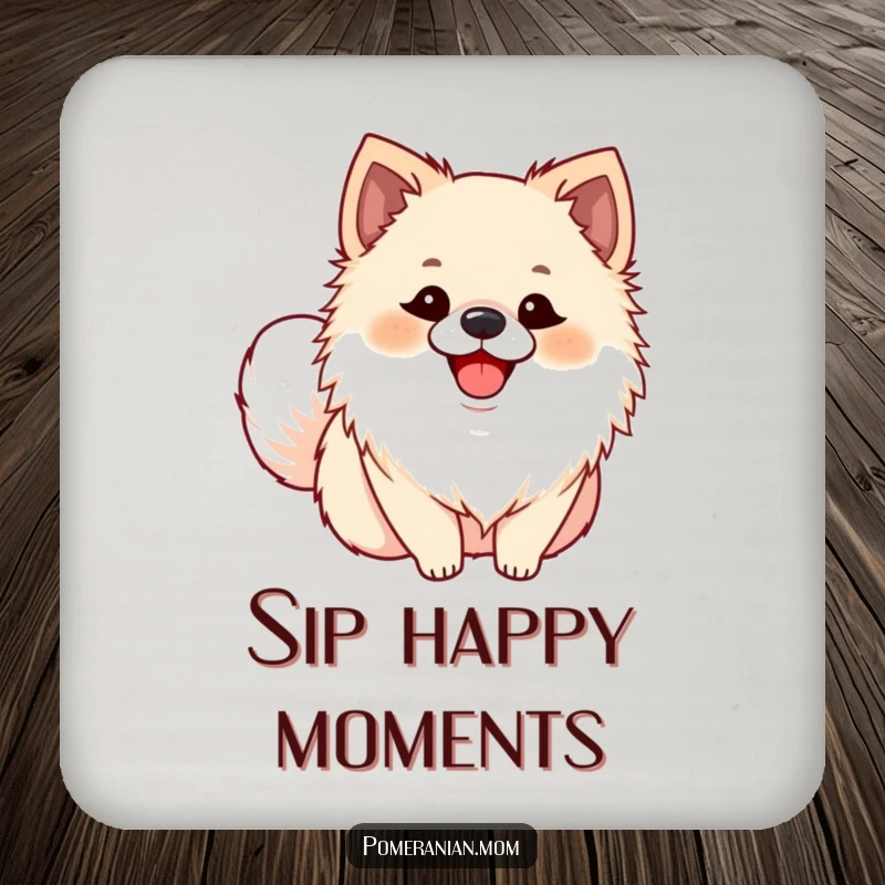 Funny Pomeranian coasters showing an ecstatic dog with a wagging tail, a cute and humorous set to protect surfaces.