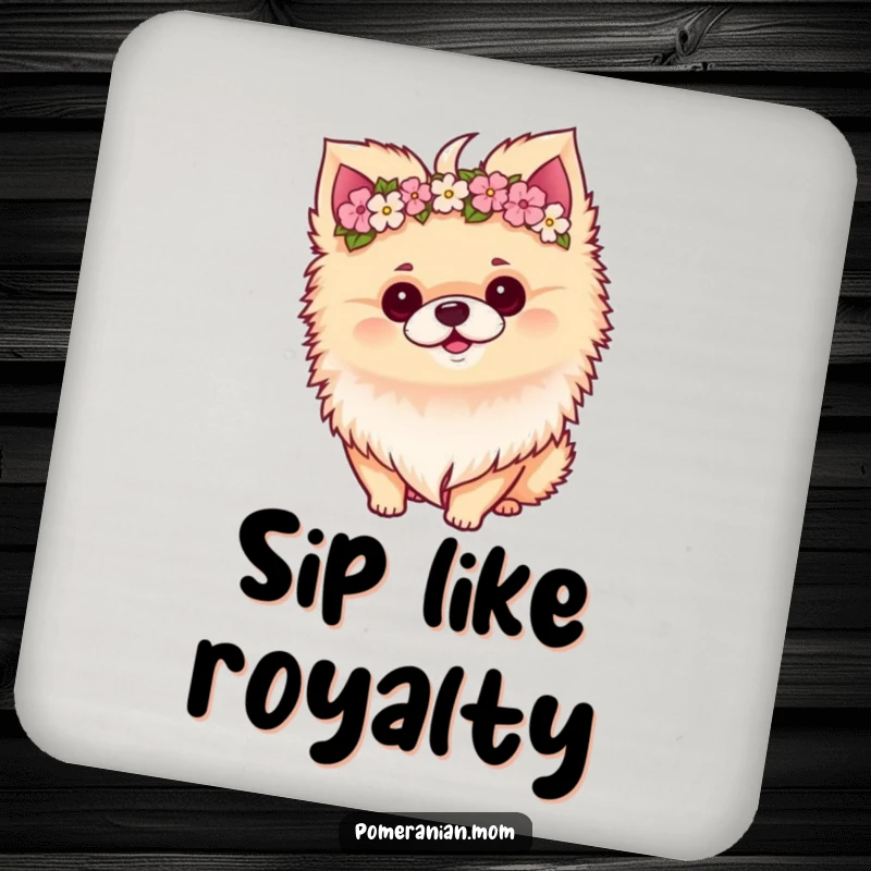 Funny Kawaii Pomeranian wearing a miniature flower crown with a perky tilt, adding charm to drink coasters.