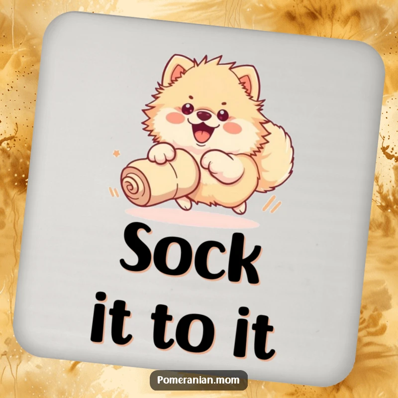 Funny drink coaster showcasing a kawaii Pomeranian enthusiastically chasing a rolled-up sock with its whole body, adding playful art.