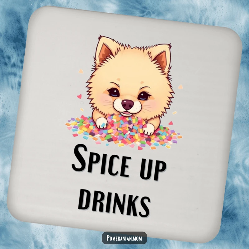 Funny Pomeranian drink coasters depicting a dog joyfully covered in bright, festive confetti, mid-party celebration.