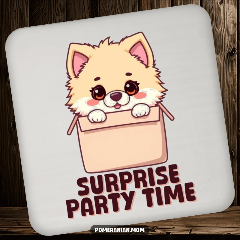 Funny drink coaster showcasing a kawaii Pomeranian with a surprised expression, peeking from inside a toy box, adding playful art.