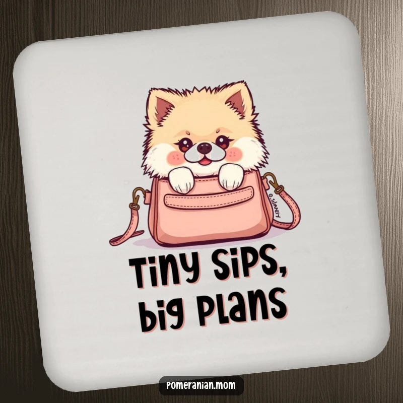 Funny Kawaii Pomeranian peeking from a tiny purse on this protective drink coaster, adding a touch of cute mischief.