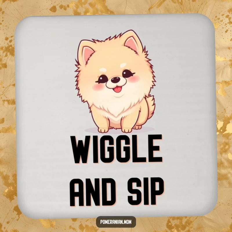 Funny Kawaii Pomeranian drink coaster with a small dog curiously sniffing, adding a charming touch to any table.