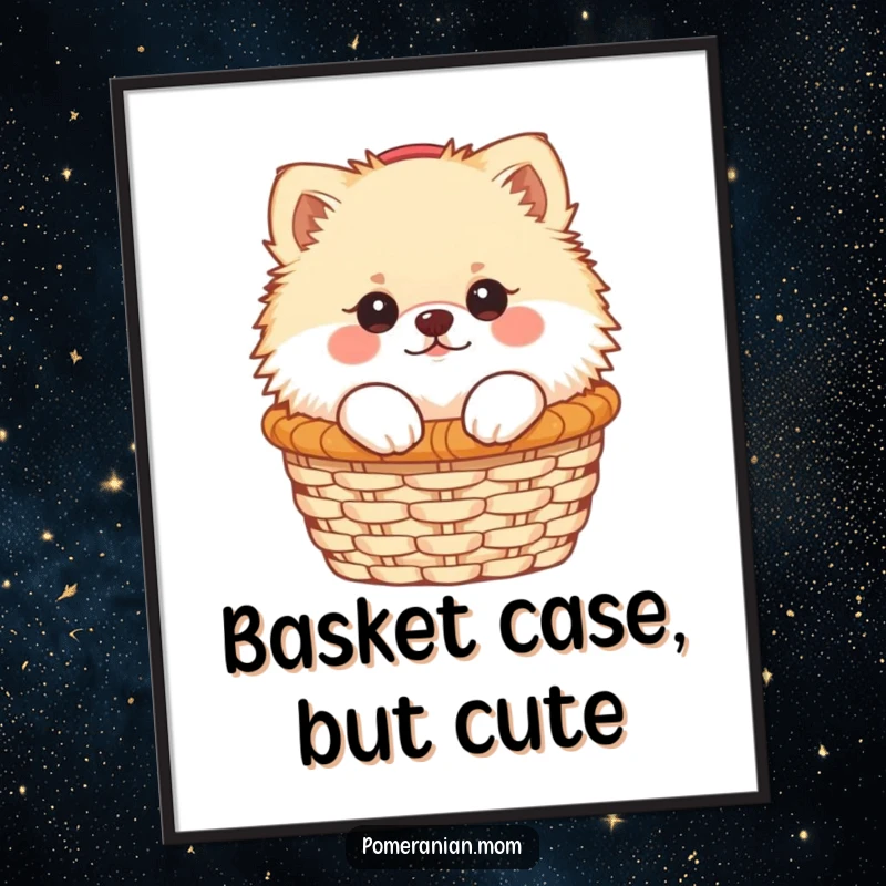 Funny Kawaii Pomeranian peeking from a small basket, displayed as vibrant wall art, offering a humorous and heartwarming appeal.