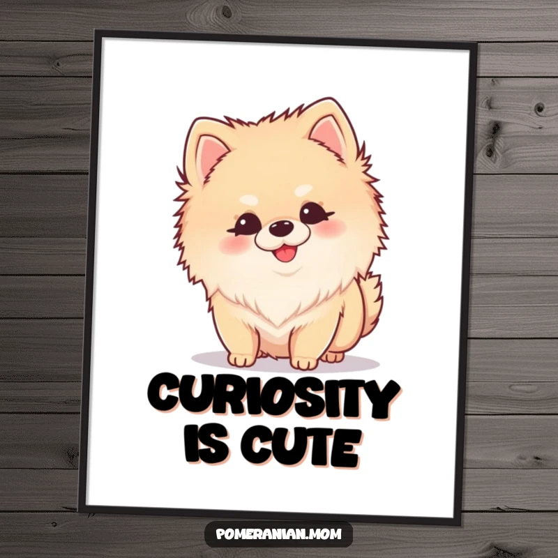 Funny Kawaii Pomeranian poster illustrating a small dog intently sniffing with its nose close to the ground, tail wiggling.