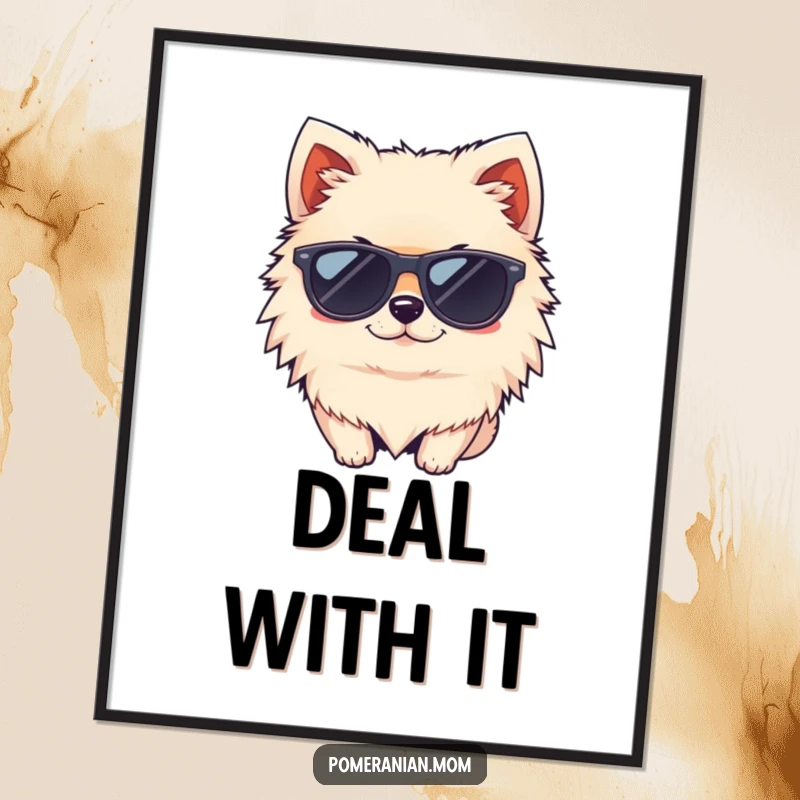 Funny kawaii Pomeranian wearing tiny sunglasses and winking poster, exuding cool vibes and playful charm, a stylish artwork.
