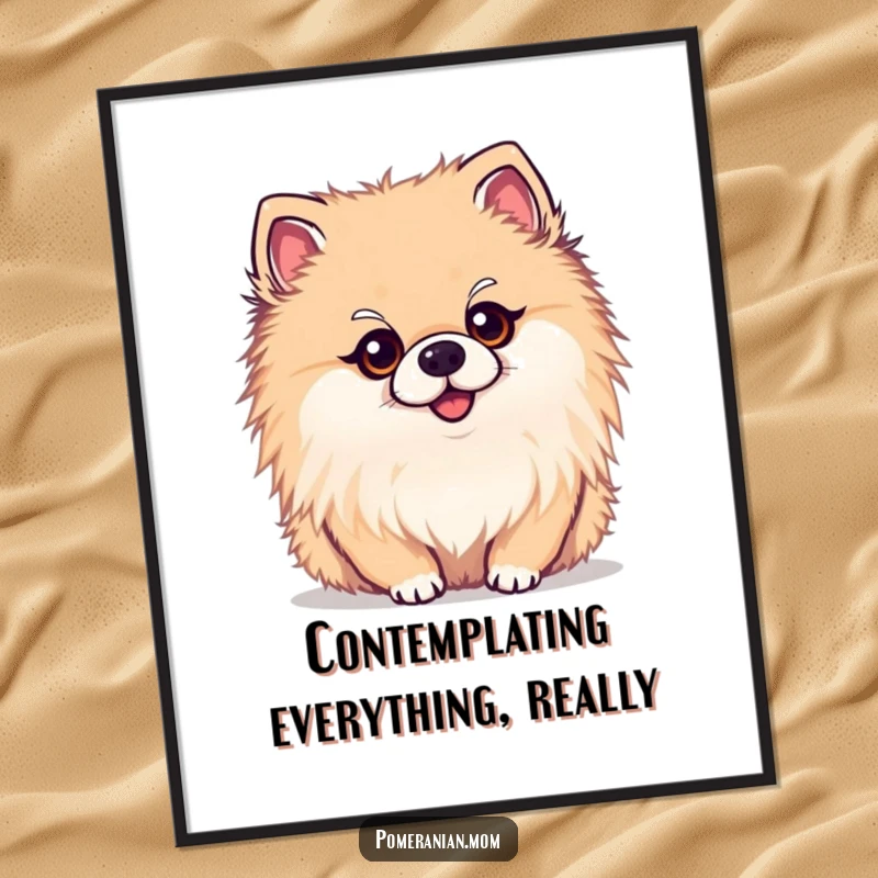 Funny kawaii Pomeranian poster, a cute dog art print showing a curious head tilt. Adds charm to walls.