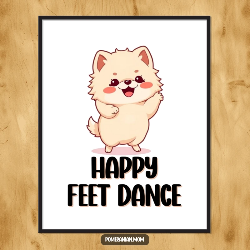 Funny Kawaii Pomeranian, captured mid-dance with its tiny paws flying, bringing vibrant energy to wall art.