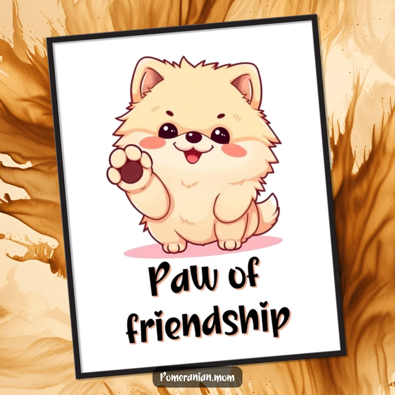 Funny Kawaii Pomeranian Poster: Cheerful dog offering a paw for a handshake, bringing friendliness and humor to your wall.