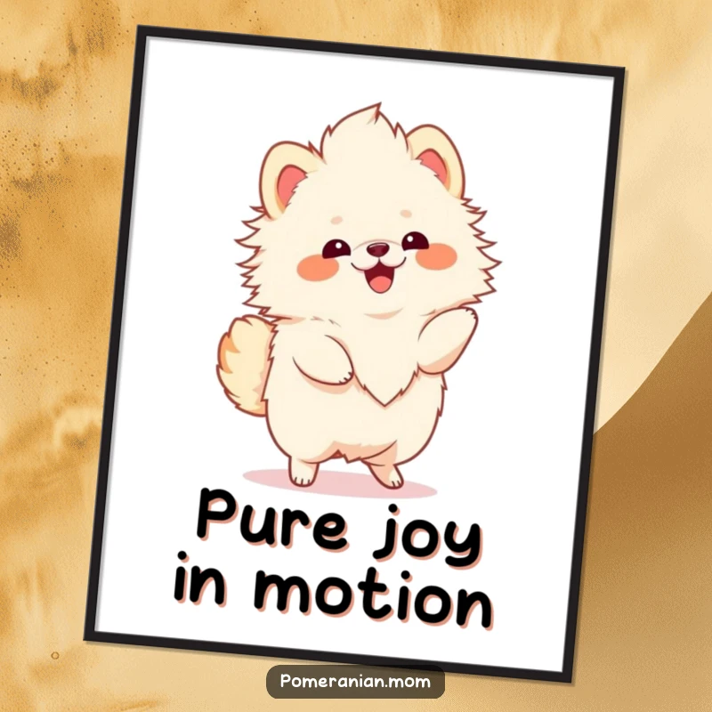 Funny Kawaii Pomeranian poster, depicting a fluffy dog in a joyful twirl, vibrant and uplifting wall art.