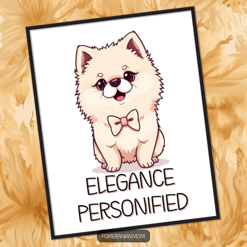 Funny Kawaii Pomeranian poster, depicting a proud dog wearing a tiny bowtie, elegant and humorous wall art.