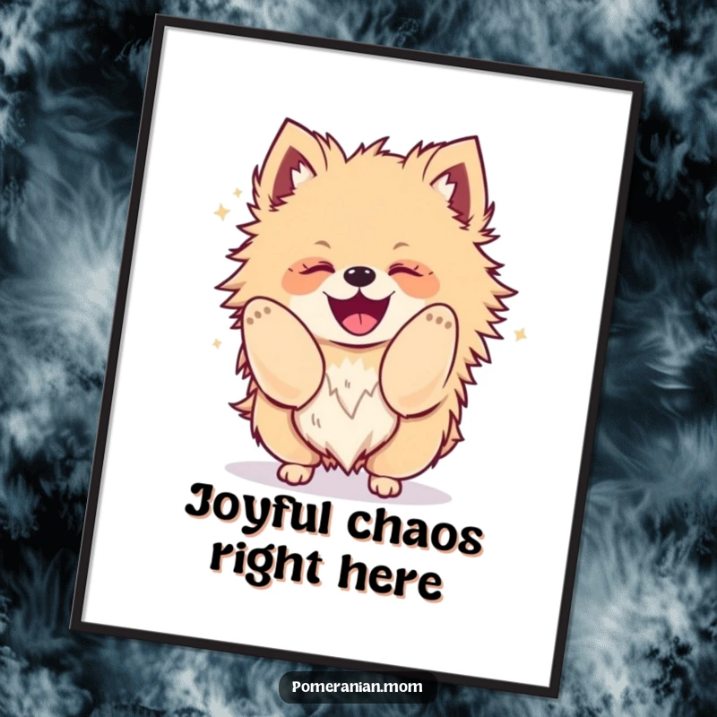 Funny Kawaii Pomeranian poster, depicting a fluffy dog shaking its whole body with extreme glee, energetic art.