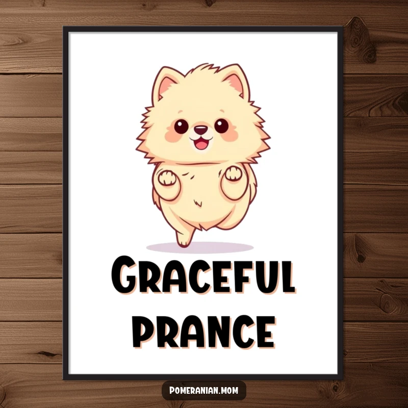 Funny kawaii Pomeranian poster, showing a fluffy dog in a graceful prance, highlighting tiny paws. Perfect for elegant decor.