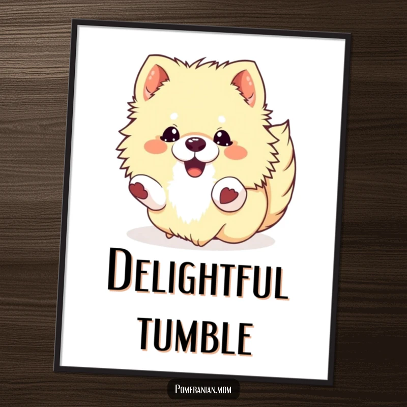 Funny Kawaii Pomeranian Poster: A fluffy dog captured rolling with pure delight, radiating happiness, perfect for decoration.