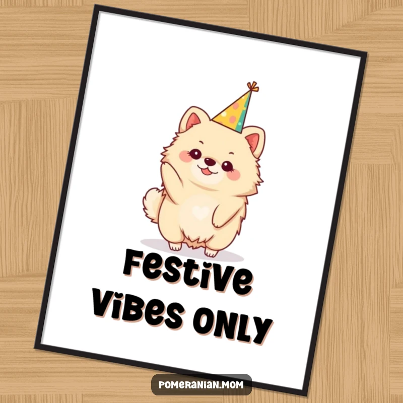 Funny kawaii Pomeranian poster, a cute dog art print wearing a festive party hat. Great for party decorations.