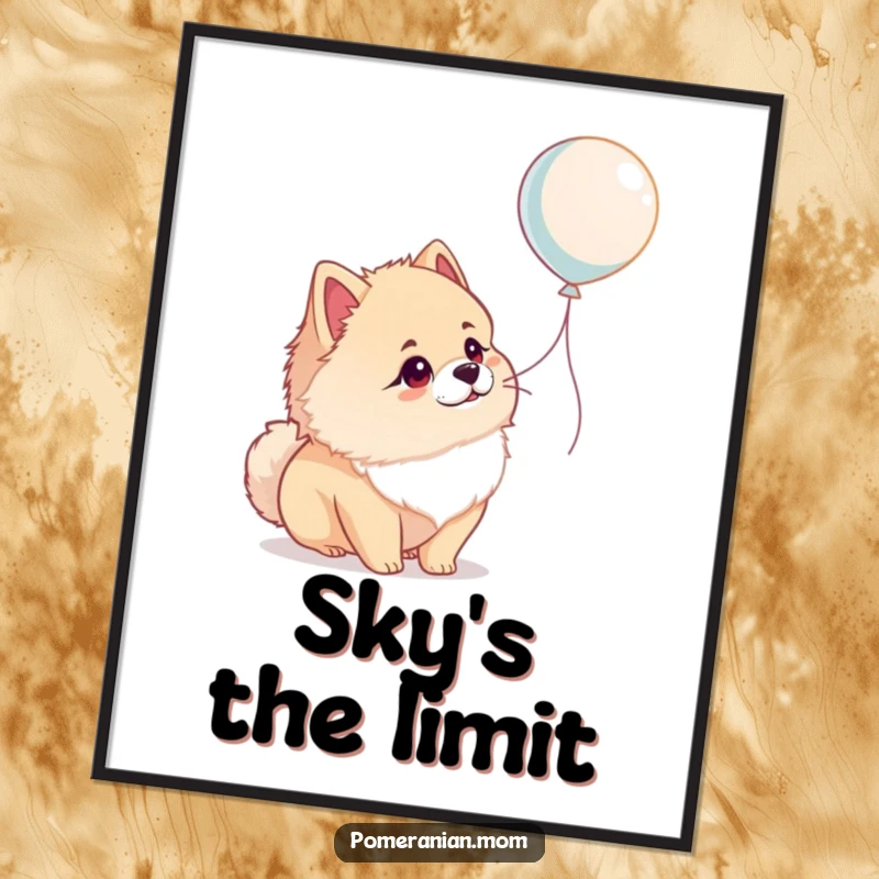 Funny Pomeranian poster of a dog gazing at a balloon with wonder, a humorous and heartwarming piece of wall art.