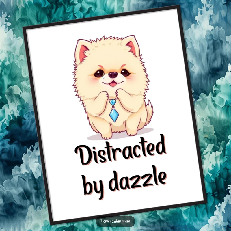 Funny Pomeranian poster of a dog batting at a dangling sparkly charm, radiating playful energy in a humorous art piece.