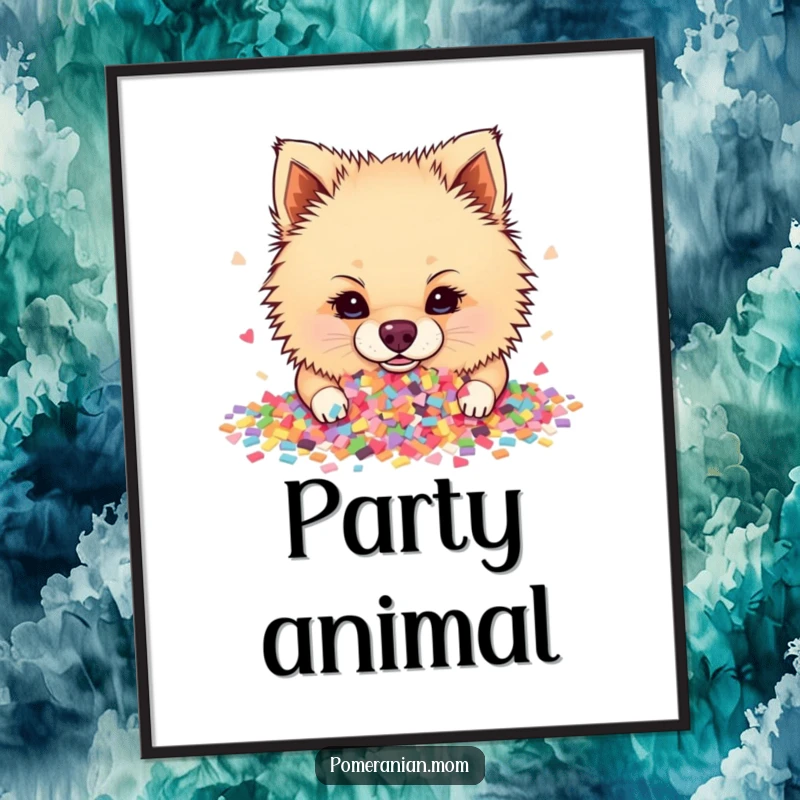 Funny Pomeranian poster showing a dog happily burying its nose deep within a large, vibrant cascade of multi-colored confetti.