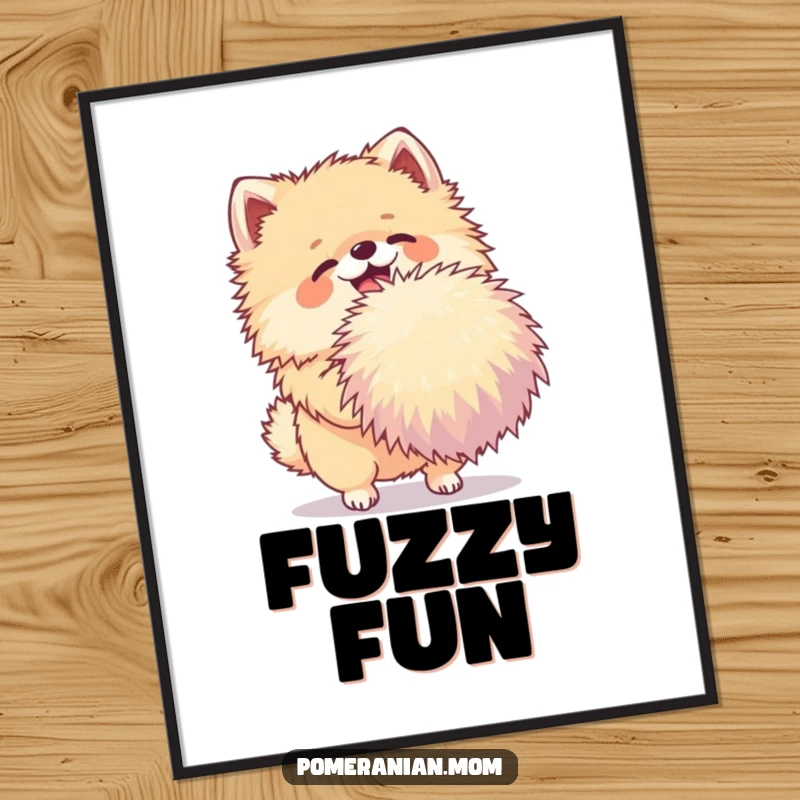 Funny Pomeranian poster print of a joyful dog shaking a very large pom-pom, ideal for vibrant and playful wall decor.