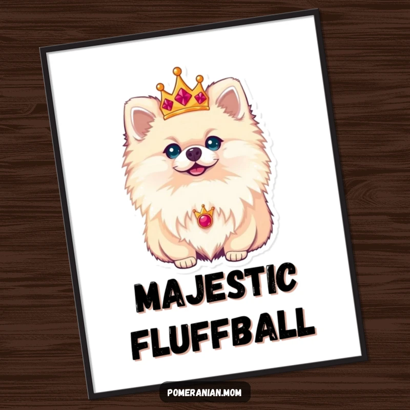 Funny Pomeranian poster of a small dog regally posing with a tiny, shining crown, embodying majestic beauty and poise.