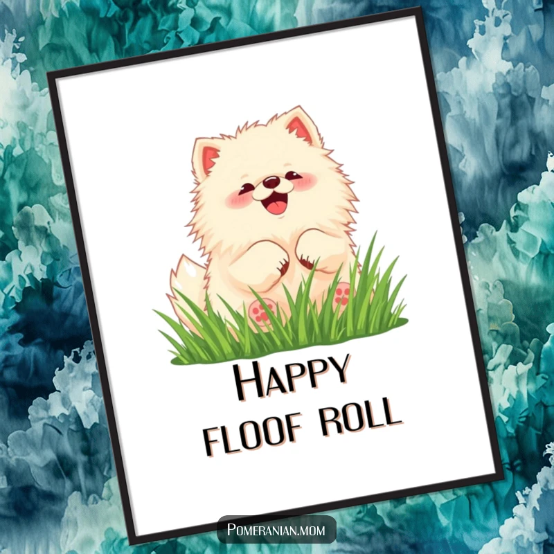 Funny Pomeranian poster depicting an ultra-cute kawaii dog rolling happily in soft green grass.