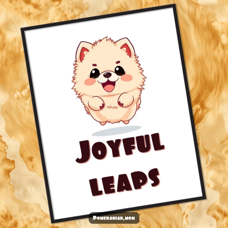 Funny kawaii Pomeranian poster, showing a fluffy dog in mid-air, jumping with immense excitement. Perfect for dog-themed decor.
