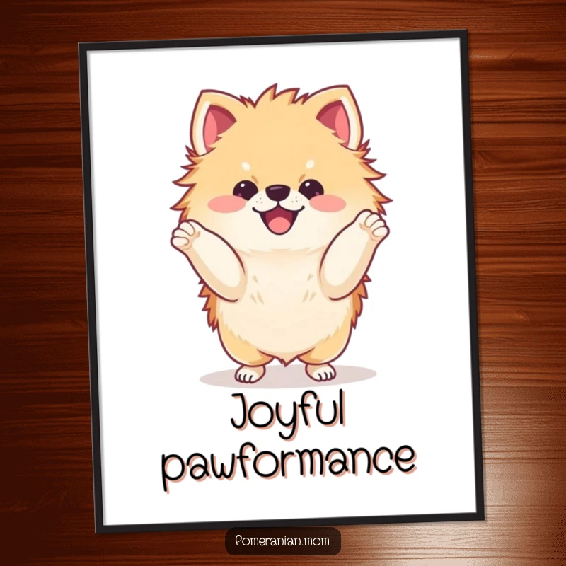Funny kawaii Pomeranian doing a delighted dance with its paws poster, capturing playful doggy moves and vibrant joy, a great artwork.