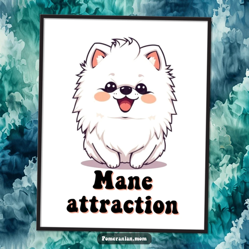 Funny kawaii Pomeranian with a delighted expression shaking its mane on this vibrant poster, capturing a moment of pure joy and fabulousness.