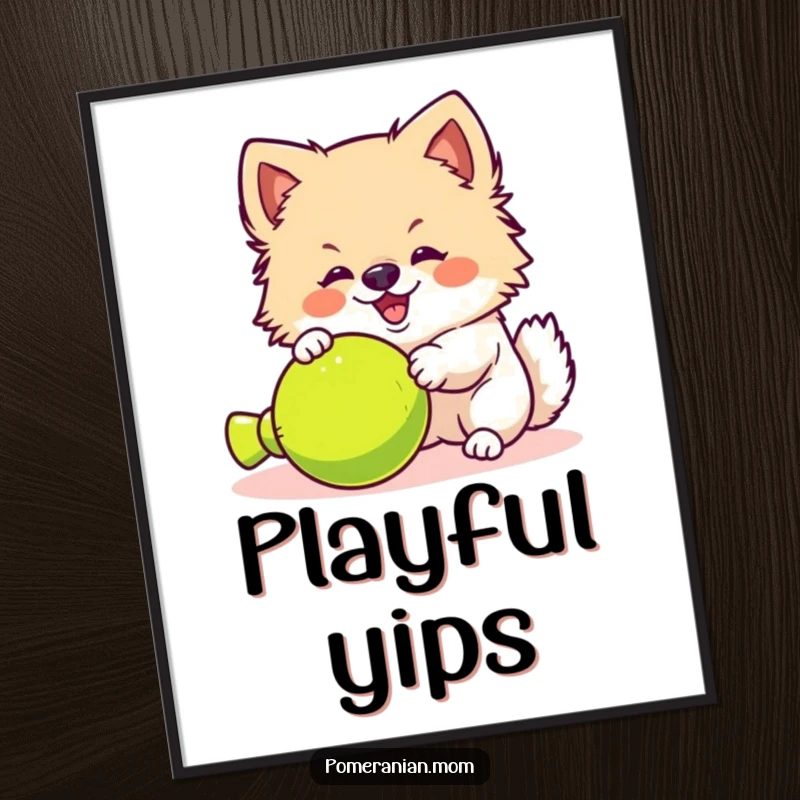 Funny kawaii Pomeranian poster, showing a fluffy dog yipping animatedly at a toy. Perfect for playful, fun decor.